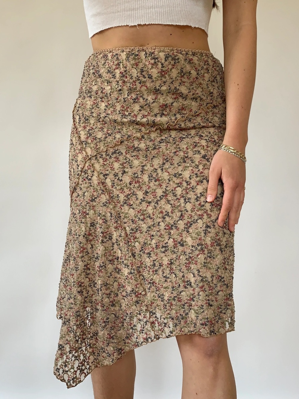 Bisou Bisou Beige Floral Asymmetrical Midi Skirt XL - Picture 1 of 16